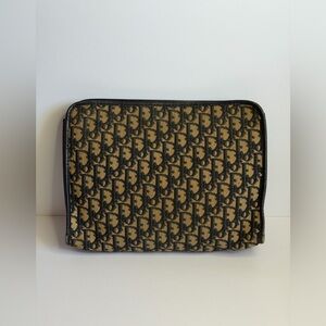 Vintage Christian Dior Large Clutch Bag in Navy Blue Trotter Jacquard Canvas
